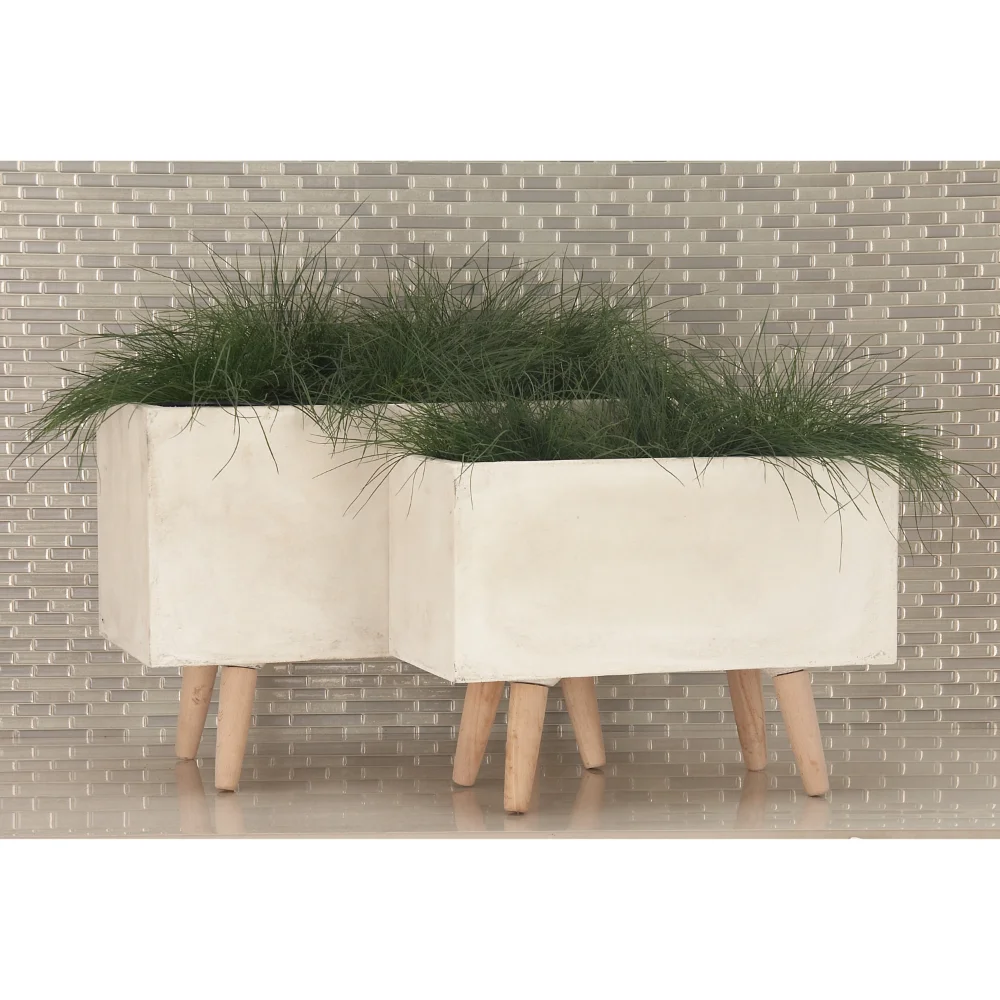 BOUSSAC 21", 17"W Indoor Outdoor White Fiberclay Planter with Wood Legs (2 Count) Pot Plantes,plant Pot