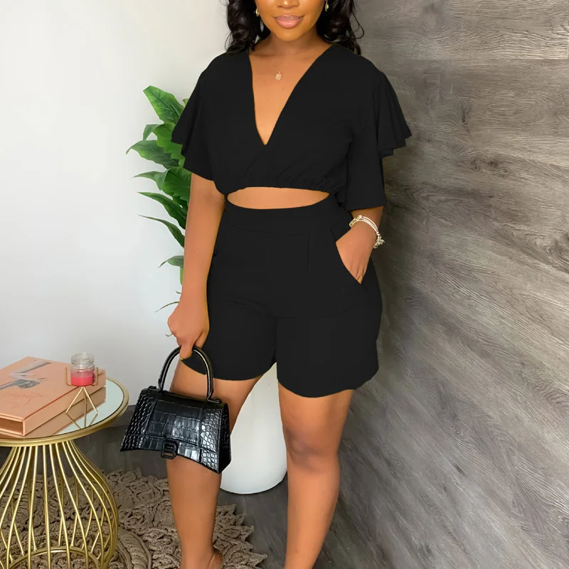 Fashion Two Pieces Set for Women Summer Suits V Neck Rullfed Sleeve Crop Top & Shorts Set Ladies Casual Two Piece Shorts Suit