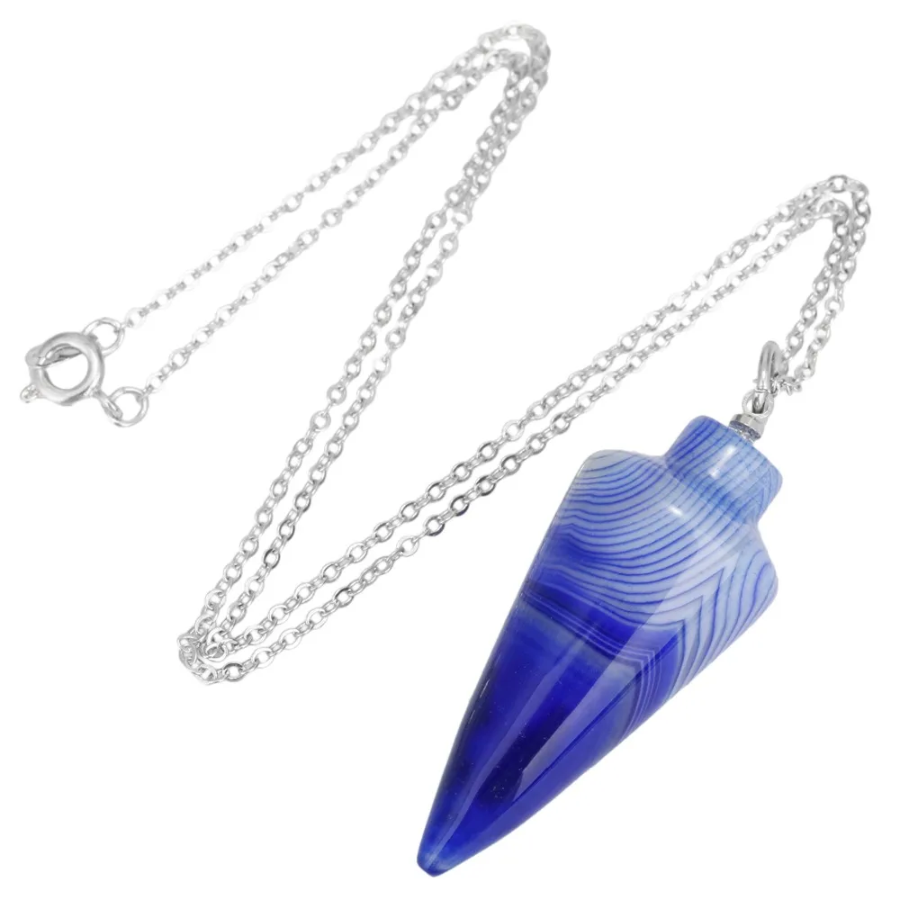 

SUNYIK Blue Striped Onyx Stone Cone Pendant Healing Dowsing Reiki Chakra Charm Pendulum With 18KGP Chain Jewelry For Women Men