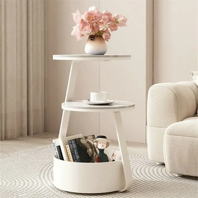 

Напольная полка для гостиной, маленький круглый стол с диваном, французская двухслойная каменная тарелка для маленькой квартиры, боковой стол