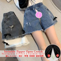 girls denim shorts summer new medium and large children open seat pants korean style ripped fashion pants children casual pants