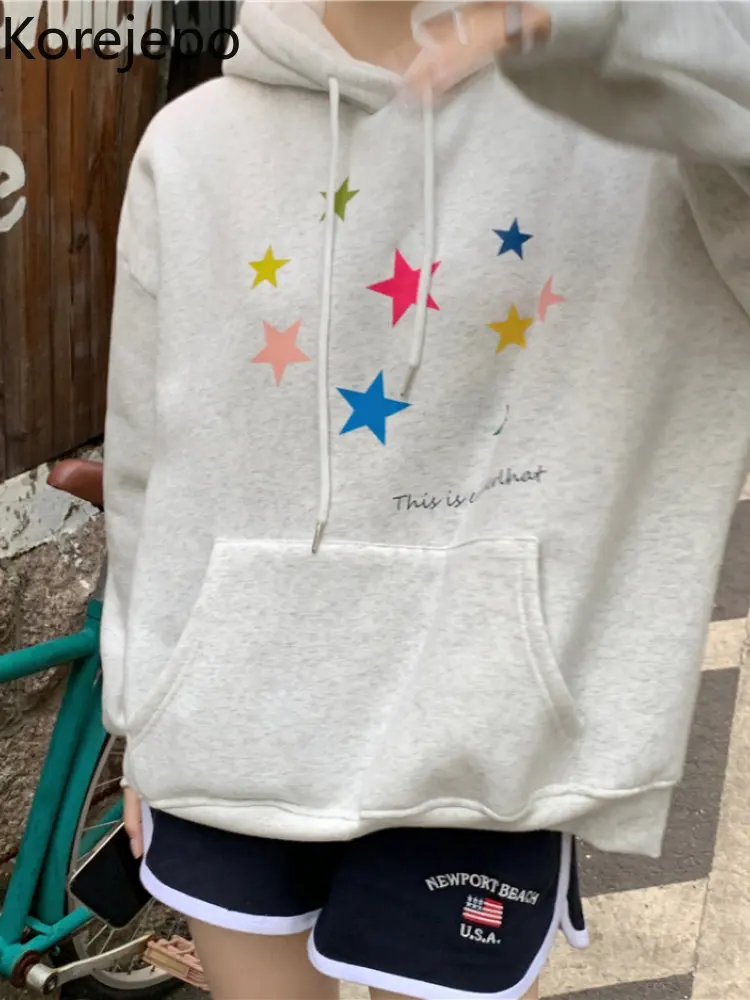 

Korejepo Hooded Pullover Sweatershirt Women's Korean Vintage Autumn Color Star Print Top 2022 New Chic Crowd Loose Plush Coat