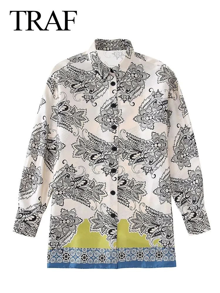 

TRAF Women's Shirts Printed Vintage Lapel Button Loose Chic Elegant Trendy Senior Blouse Tops Daily Ladies Spring Clothes