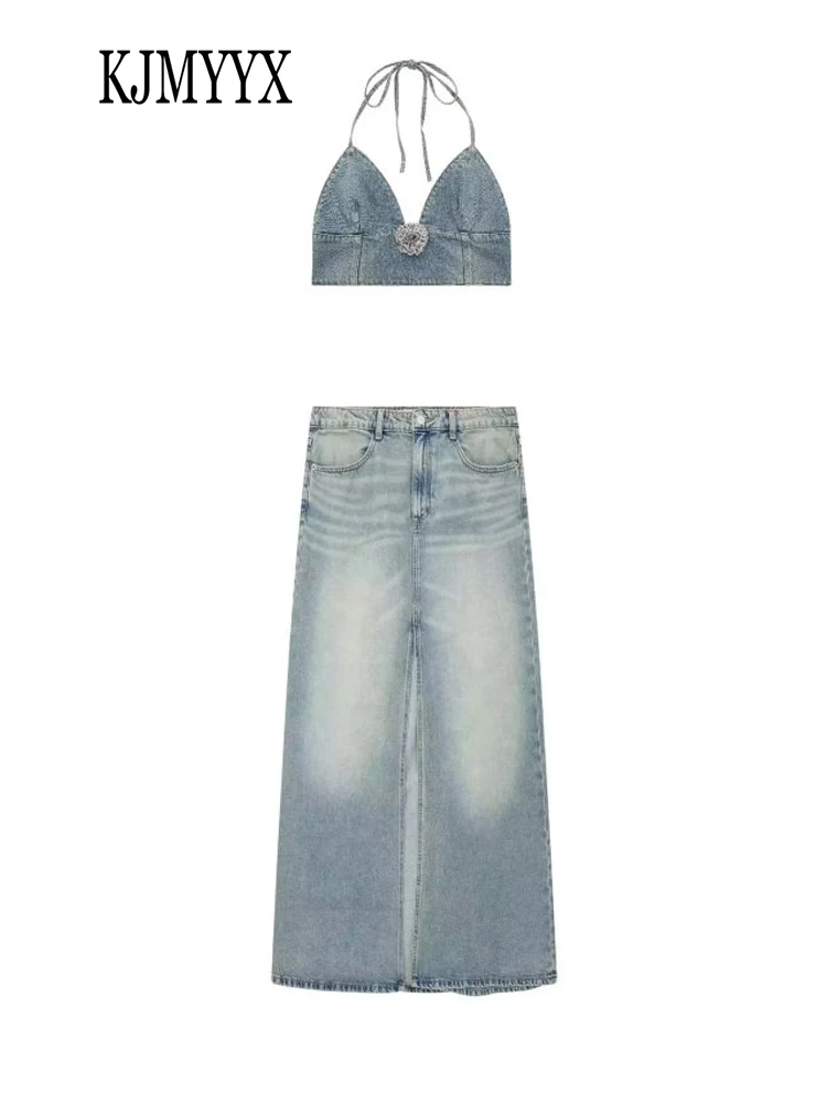 

KJMYYX 2 Piece Skirt Sets 2023 Summer Women Fashion V-Neck Denim Vest Tank Top Female Elegant Front Split A-Line Skirts