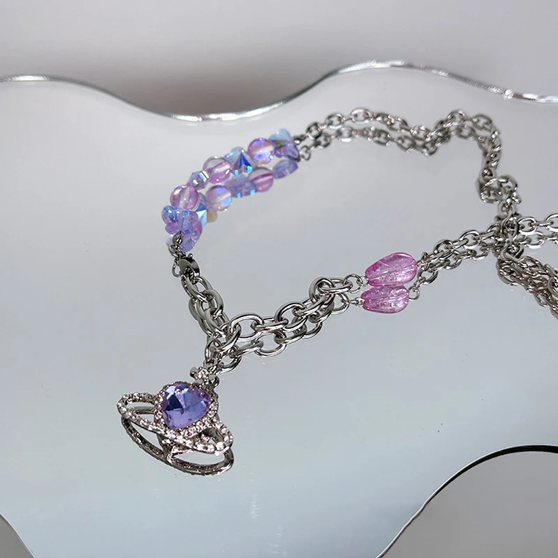 

Punk Purple Crystal Stone Heart Pendant Necklace for Women Girls Sweet Cool Titanium Saturn Necklace Statement Party Jewelry