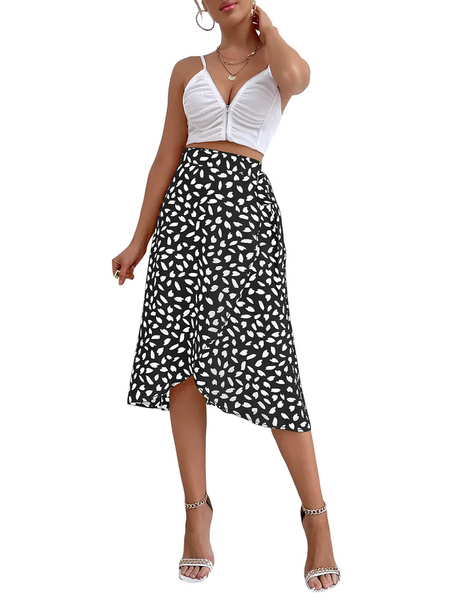 

Women Midi Skirt Printed High Waist Ruffle Hem Irregular Loose Tie-Up Skirts Ladies Below-Knee Split Bottoms