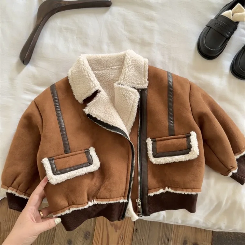 

Куртка для мальчиков, хлопковая верхняя одежда, 2023 композитная замша, утепленная бархатная зимняя ветрозащитная теплая одежда для детей