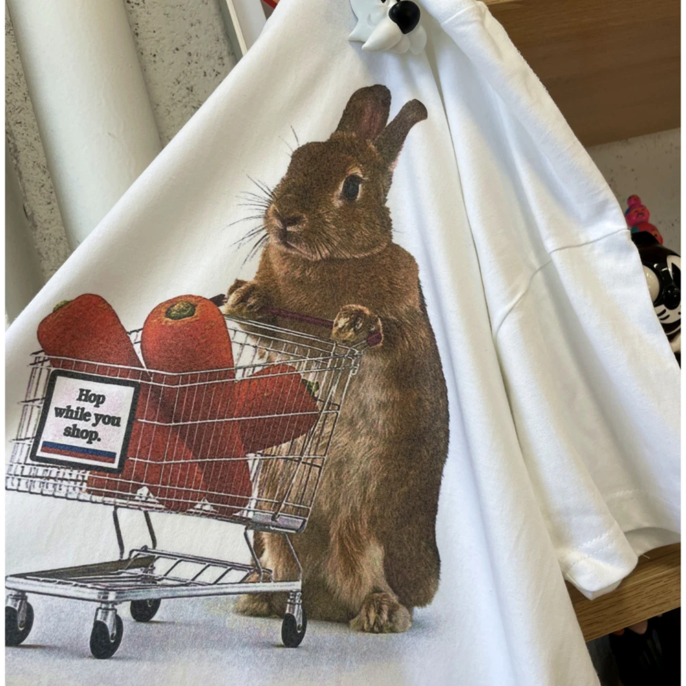 

Harajuku Streetwear Shopping Rabbit Cartoon T Shirts 100%Cotton Oversized Tops Hip Hop Couples Graphic Tee Summer Casual Loose