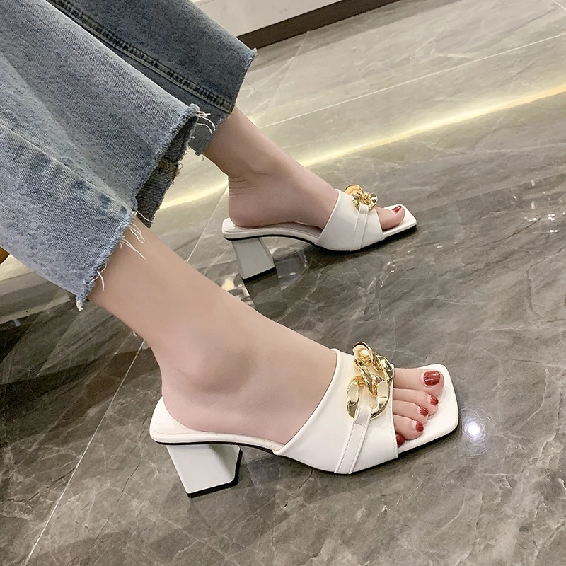 

Summer Women Shoes Woman Slides Metal Chain Buckle Mules Solid Leather Thick High Heels Peep Toe Casual Shoes Slippers Female
