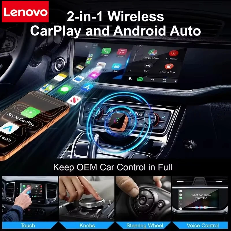 Фото Lenovo Wireless CarPlay Android Auto Adapter 2 In 1 Car Infotainment Box 2026 Plug Play Fast Auto-Reconnect AI Smart Box NEW №1