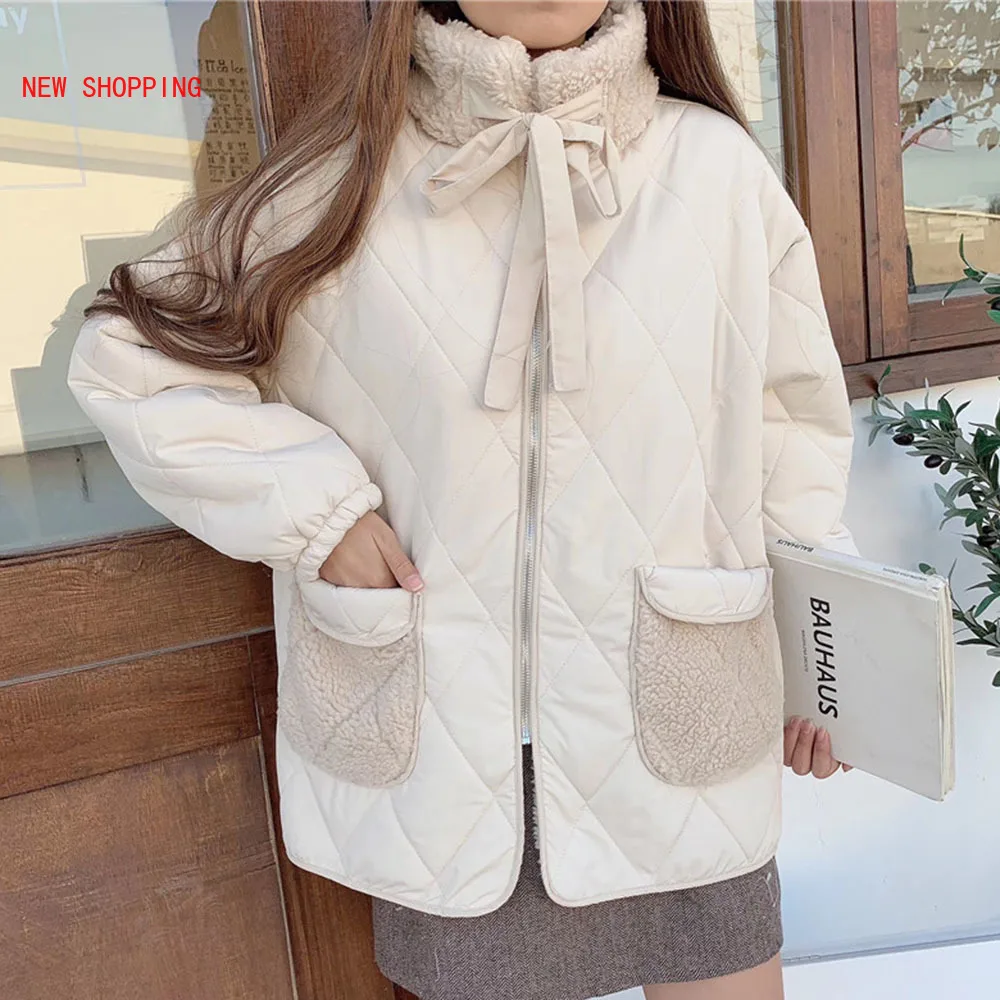 Lamb Wool Coat Female Winter Korean Loose Pockets Plush Thick Warm Parkas Women Cotton Padded Jacket Japanese Jackets Apricot