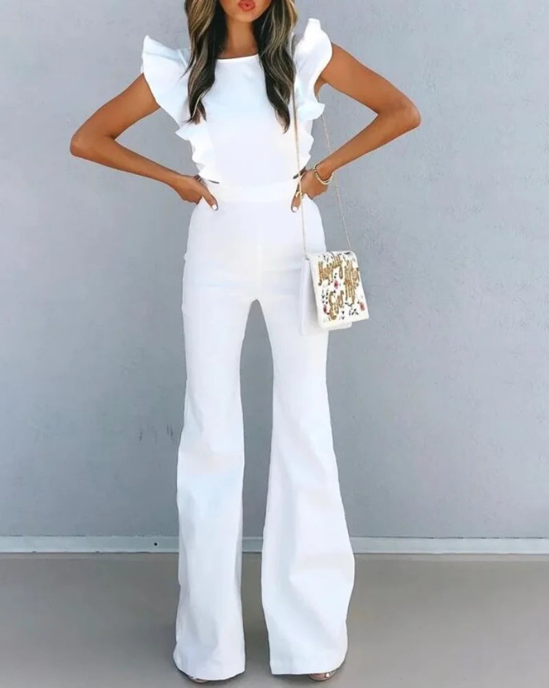 

Женский комбинезон с рукавами-фонариками, однотонный комбинезон с вырезами и оборками на подоле, комбинезон с высокой талией и брюками на лето и весну