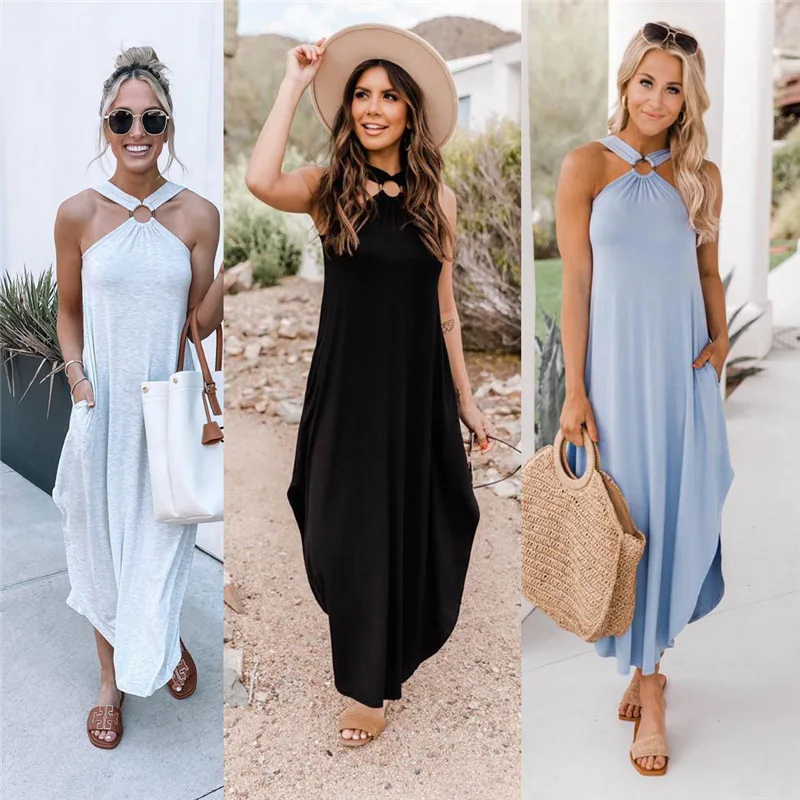 

2022 Spring And Summer Hot Style European And American Off-the-shoulder Casual And Comfortable Halter Neck Long Pocket Dress