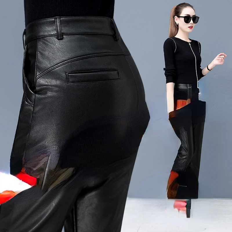 Women Pants Elastic High Style Waist Genuine Real Leather Pants Female Autumn Fashion Trousers Harem Ankle Trousers Pants G230