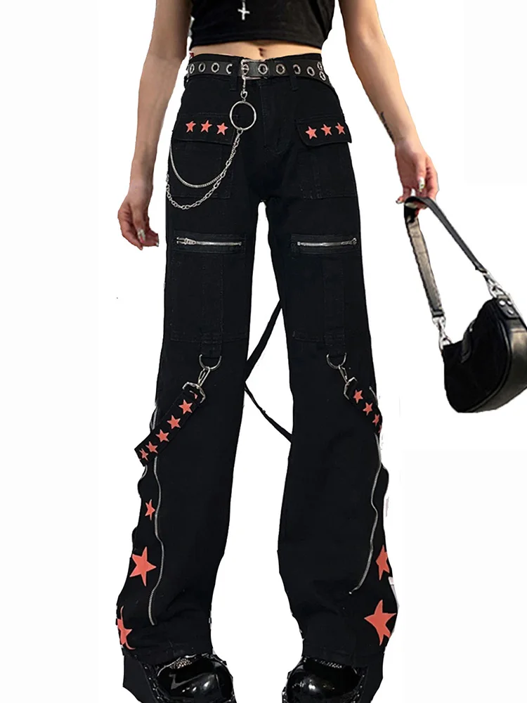 

Панк гранж альт Джинсы женские академические готические брюки карго с лентой свободные джинсы Techwear карманы Y2K киберпанк джинсовые брюки