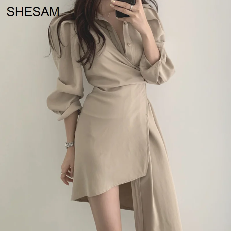 

One Piece Dress Korean Chic Early Autumn Temperament Light Mature Lapel Single Breasted Waist Long Irregular Shirt Dress Women