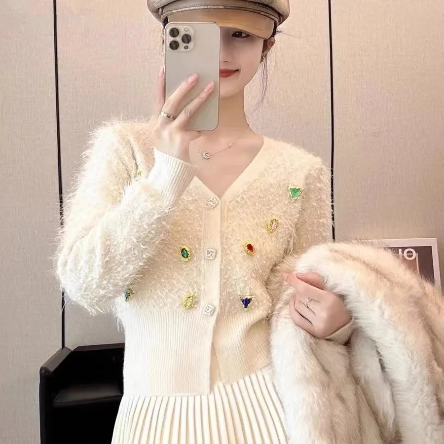 Женский вязаный кардиган с бриллиантами однобортный короткий свитер красного