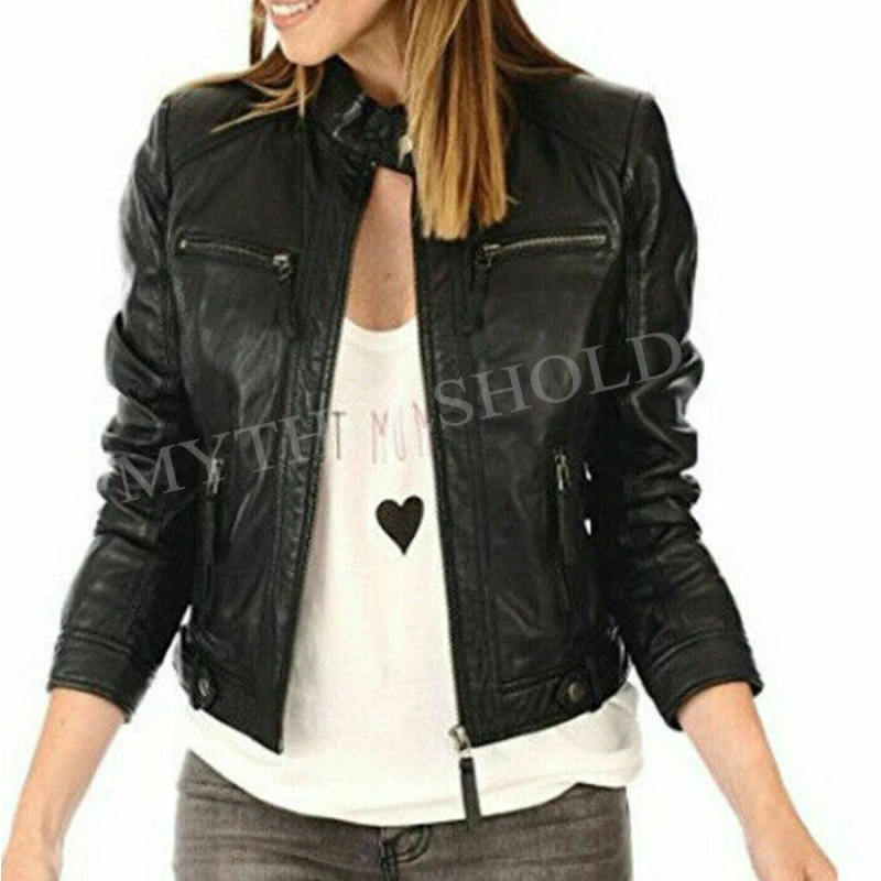 Women Leather Jacket Black Slim Fit Biker Motorcycle Lambskin Jacket Stand Collar High-end Trench Coat