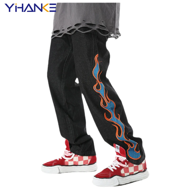 

Джинсы мужские прямые с вышивкой пламени, Брендовые повседневные в стиле Хай-стрит, в стиле хип-хоп, в европейском и американском стиле