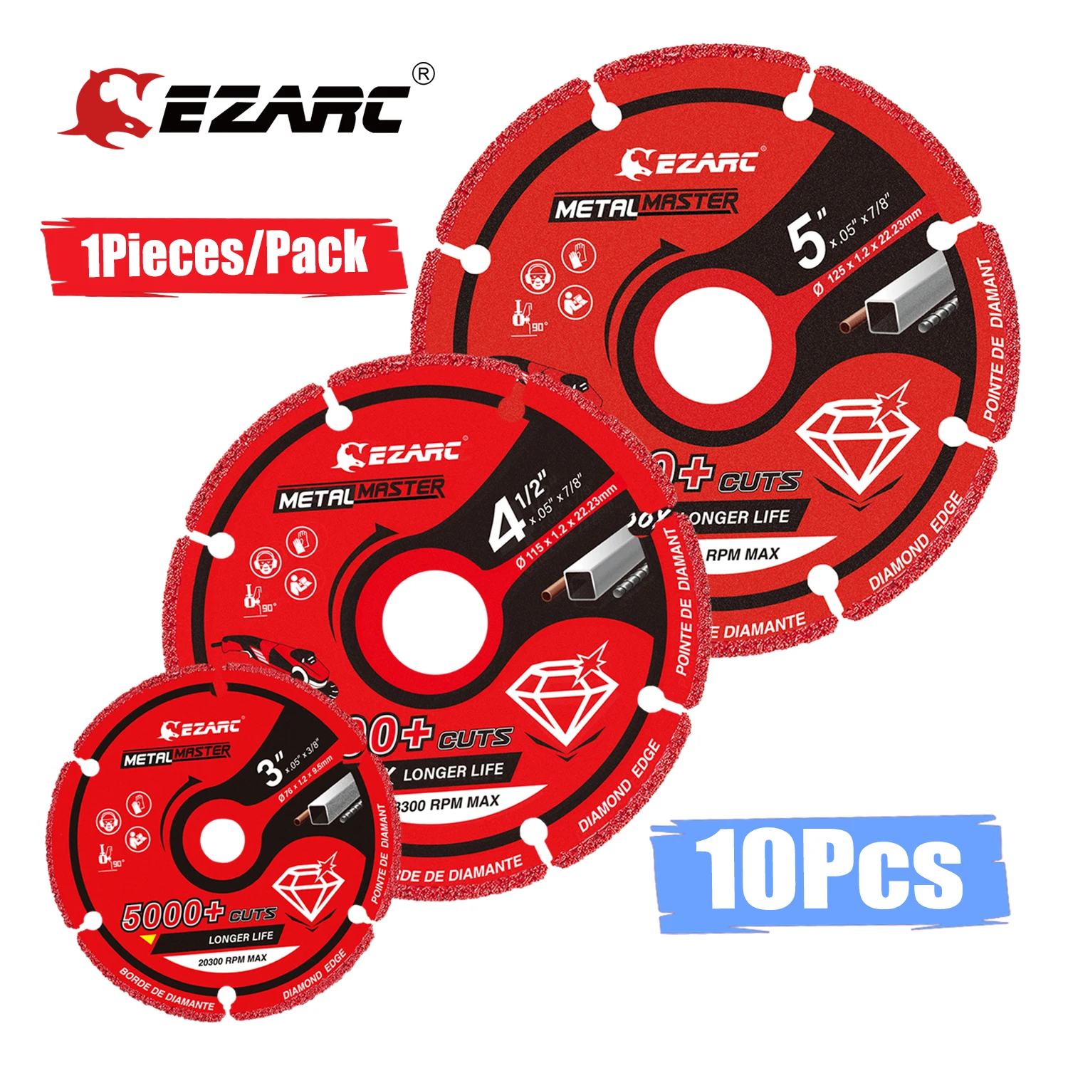 EZARC 10Pcs Diamond Cut Off Wheel 3''/4.5''/5Inch Metal Cutting Wheel 5000+ Cuts Angle Grinder Cutting Disc on Rebar Steel Iron
