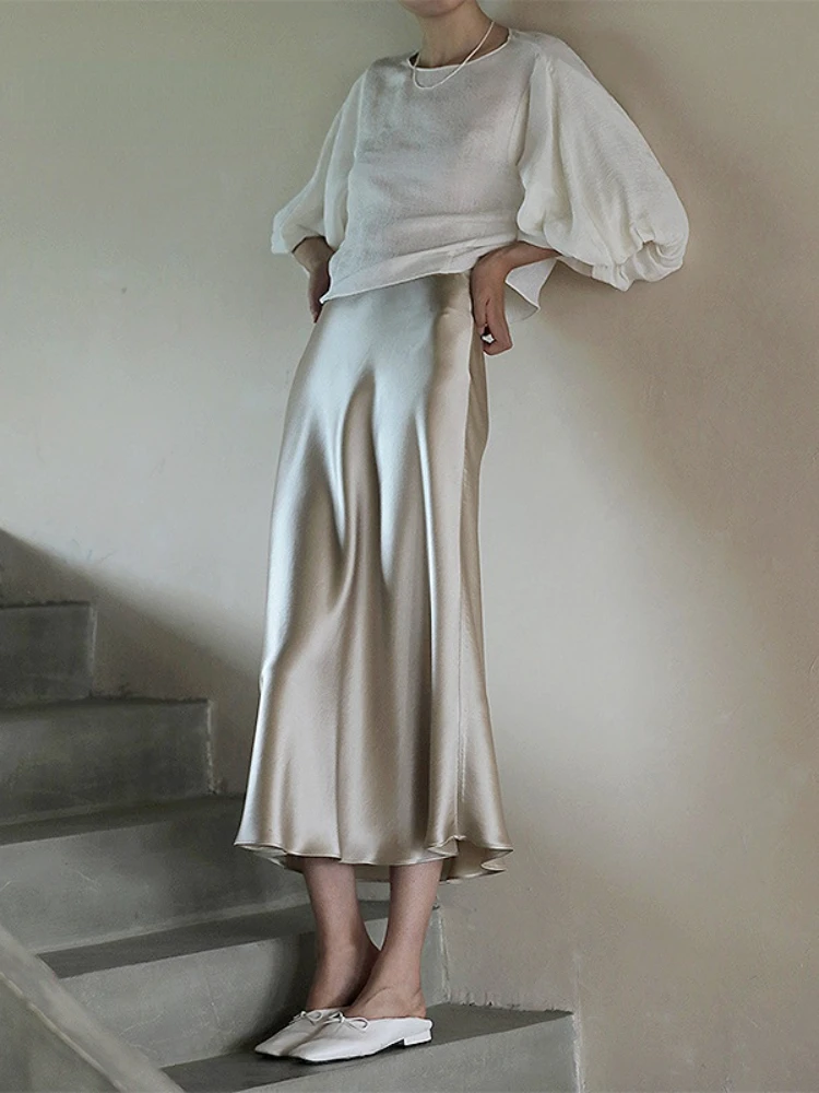 

Korean Fashion Summer Satin Silky Drop Shows Thin Long Skirt Casual Elastic Waistline Mid-length Black Skirts for Women Clothing