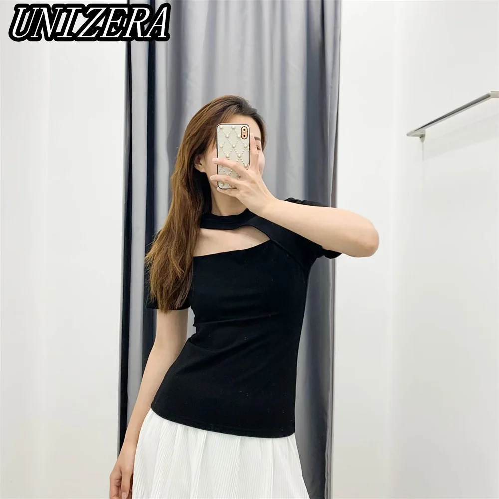 

UNIZERA Spring New Women's Clothing Solid Color Chic Hanging Neck Personality Irregular Design Short-sleeved T-shirt