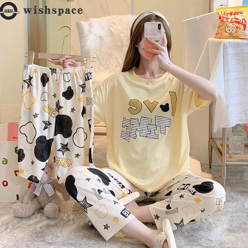 

Ms Spring and Summer Pajamas Cute Cartoon Thin Han Edition Student Short Sleeve Three-piece Suit Pants, Shorts Household to Take