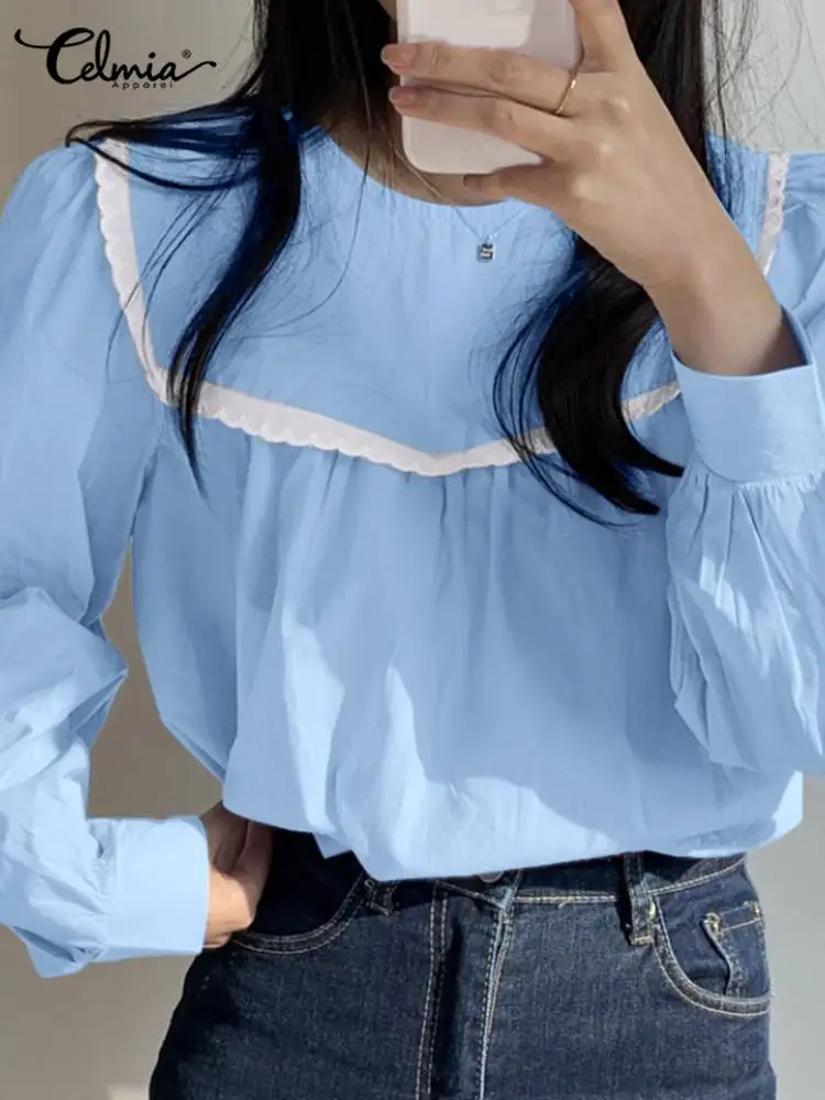 

Celmia O-neck Solid Blusas Casual Loose Long Sleeve Women 2022 Summer Tops All-match Pleated Lace Stitching Fashion Shirt Blouse