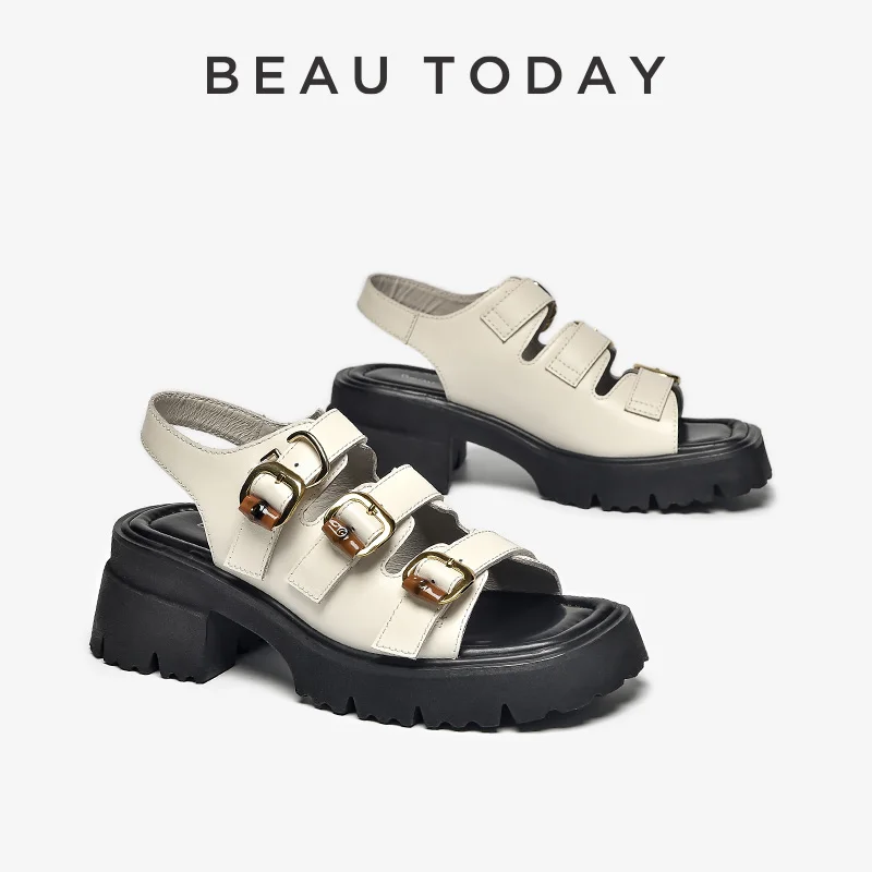 

BEAUTODAY Chunky Sandals Women Genuine Cow Leather Triple Buckle Straps Punk Style Thick Sole Summer Ladies Shoes Handmade 38235