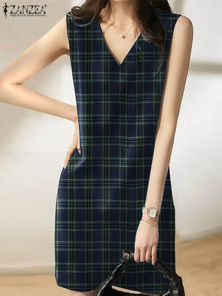 

Платье ZANZEA женское с V-образным вырезом, без рукавов, в богемном стиле, элегантный праздничный сарафан свободного кроя, с принтом в клетку, на...
