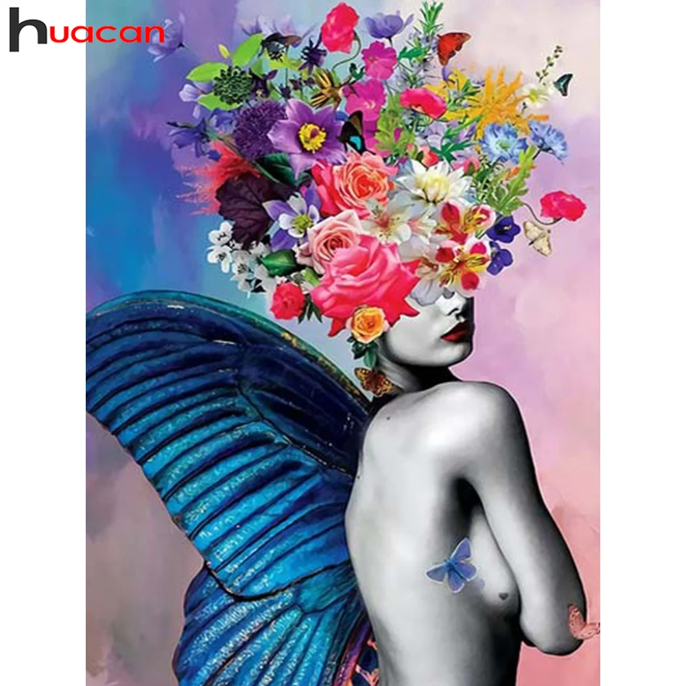 

Алмазная живопись Huacan, мозаика с бабочками для девушек, украшение для гостиной, вышивка крестиком, Цветочная Женская картина с кристаллами