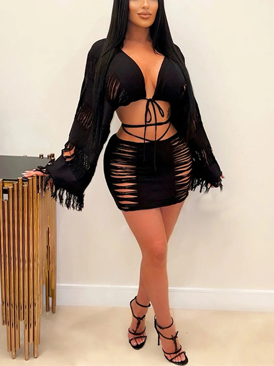 

Solid Knitted 2 Piece Sets Long Sleeve Cut Out Bandage Sexy Crop Top Skirts 2023 Summer Women Casual Beach Party Y2K Clothes
