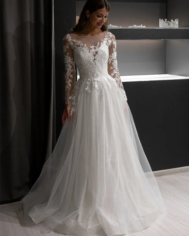 

A-Line Wedding Dress 2023 Illuison Top Lace Appliques Long Sleeve Tulle Boho Beach Bridal Party Gowns Vestidos De Novia