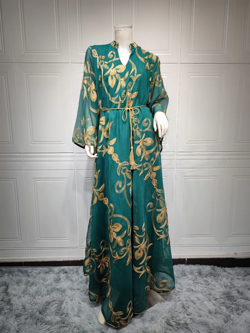 Muslim Fashion 2023 Summer Women V-neck Long Sleeve White Green Embroidered Mesh Long Abaya Muslim Dresses  Abaya Dubai