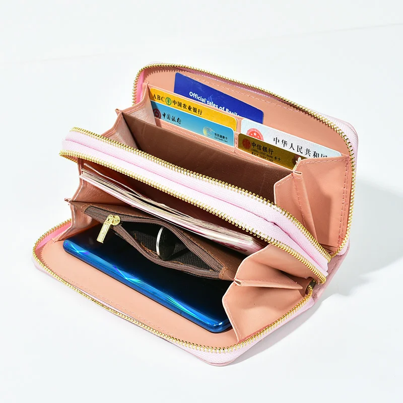 Long women's new wrist with large capacity handbag printed soft leather double zipper mobile phone bag for women