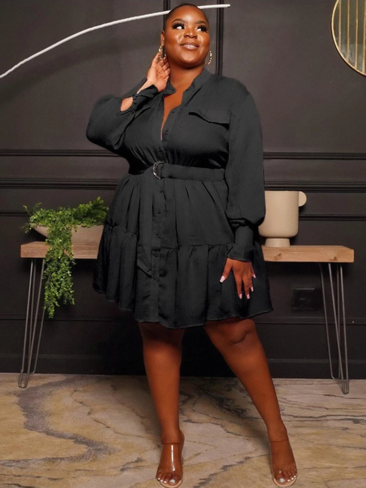 Women Dress Free Shipping Plus Size Elegant Long Sleeve Shirt Dress Pleated Sexy Short Dress Wholesale Bulk Dropshipping
