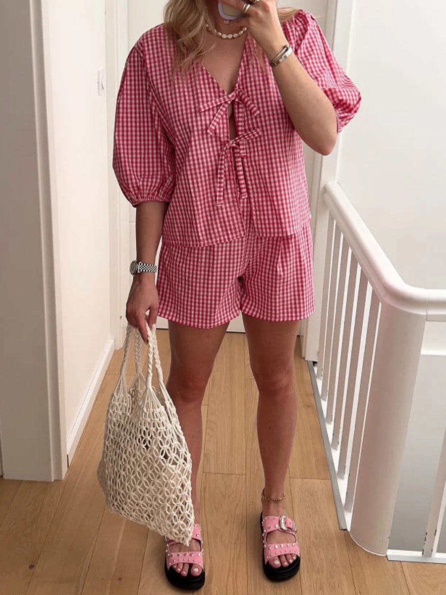 Женский пижамный комплект Y2k рубашка с баской и шорты из 2 предметов топ пышными