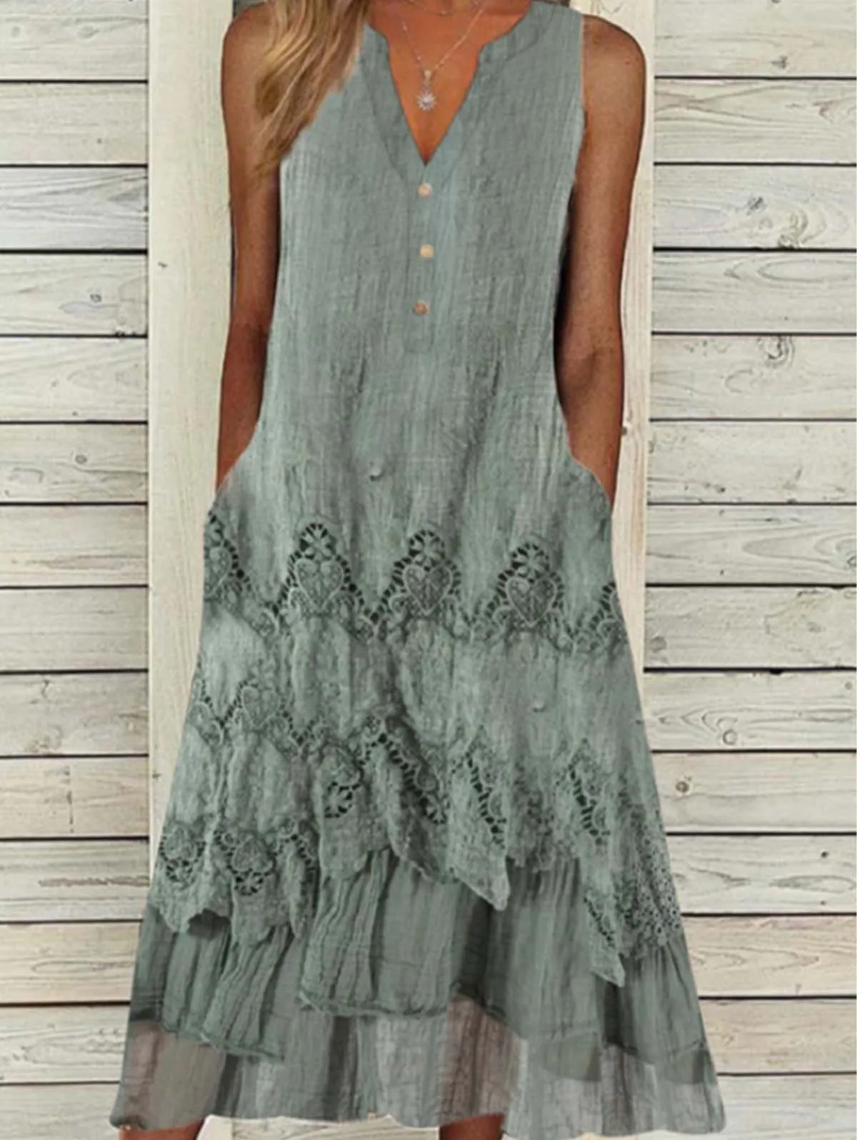 

Женское пляжное платье без рукавов, повседневное свободное платье с декоративными пуговицами и двумя карманами, с круглым вырезом, без рукавов, на лето