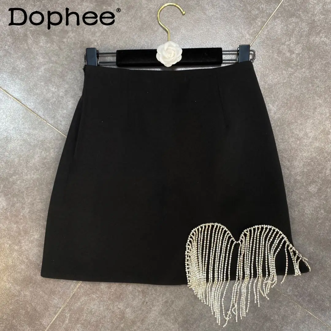 

Heavy Diomand Tassel Heart Pattern Black Mini Skirt Women Temperament Short A- Line Hip Skirt Female 2022 Spring Summer Faldas