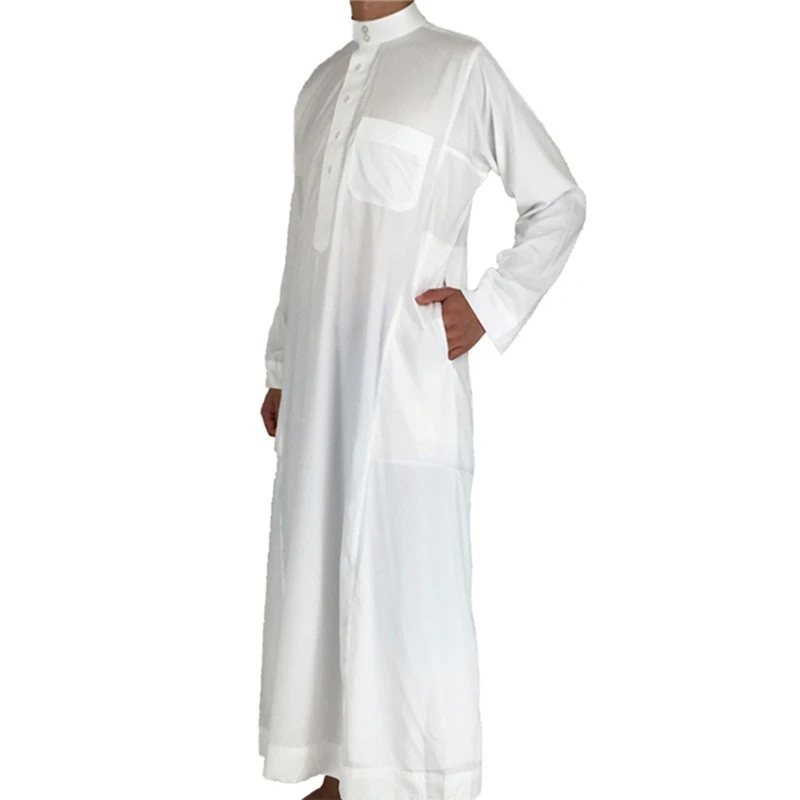 Vintage Simple Muslim Dress Caftan Robe Long Sleeve Stand Collar Jubba Thobe Man Leisure Dress Thobe Islamic Clothing