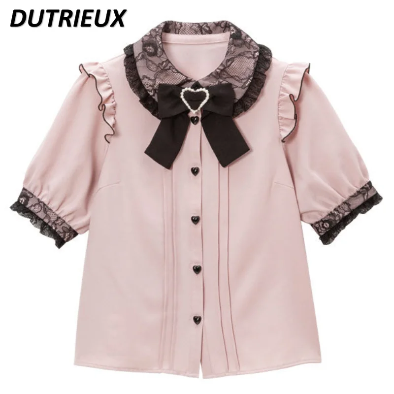 

Japanese Lolita Style Sweet Bow Lace Solid Color Sweet Pink Blouse Femme 2023 Spring Summer Woman Tops Cute Short Sleeve Shirts