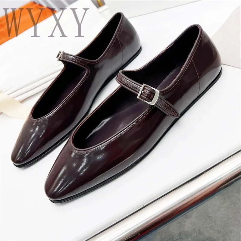 

Spring Autumn New Round Toe One Word Buckle Women's Single Shoes Flat Heel Mid-strap Design Fashion Casual Small Leather Shoes
