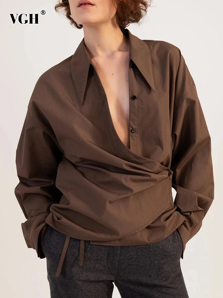 

VGH Asymmetrical Solid Shirts For Women V Neck Long Sleeve Spliced Single Breasted Slim Chic Blouses Female Spring Style Casual