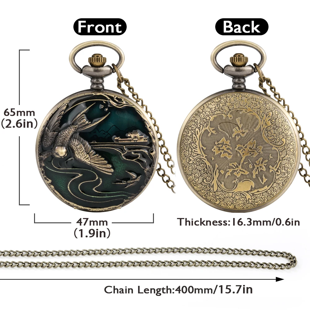 Quartz Pocket Watch Necklace Bronze 3D Engraving Crane/Elk/Elephant Animal Pendant Souvenir Sweater Chain Pocket Watch Men Women