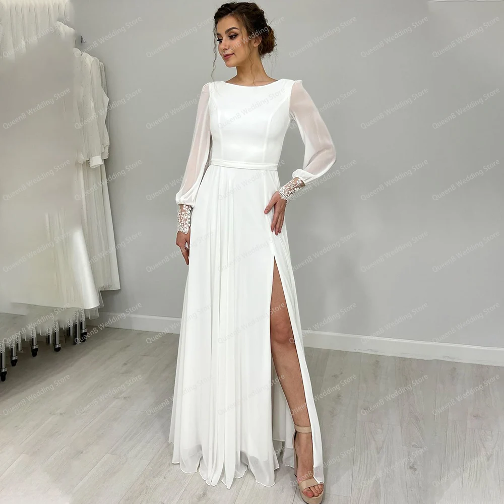 

Elegant Wedding Dress A Line Scoop Neck With Long Sleeve Side Slit Chiffon Floor Length Bride Dress Sexy Backless Robe De Mariee
