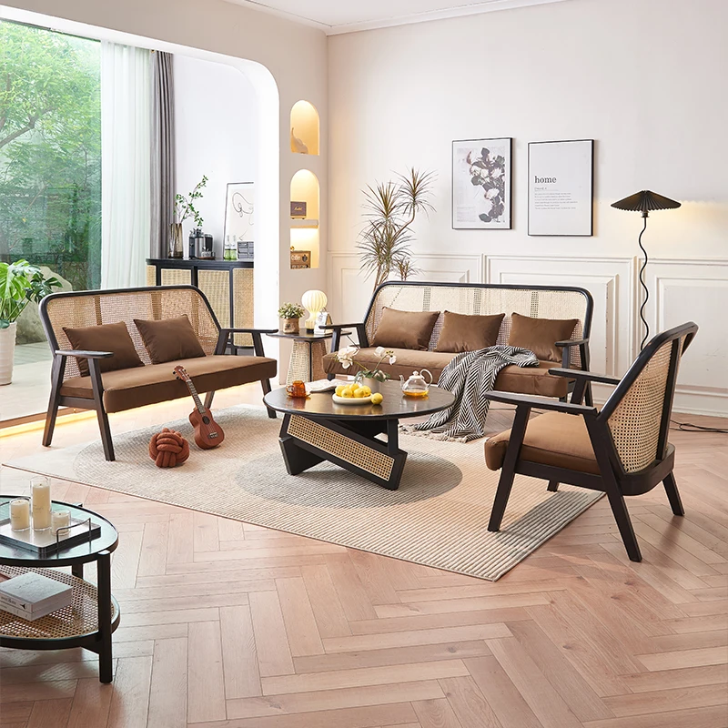 

Solid wood sofa combination small unit Nordic modern simple living room leisure rattan woven sofa