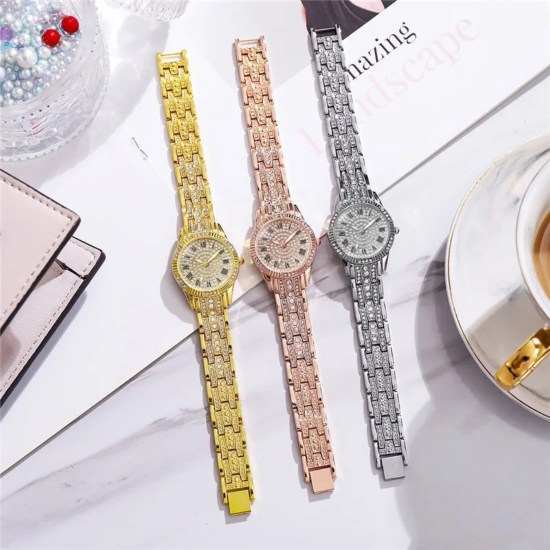 2023 New Steel Band  Bracelet, Trendy Roman Diamond Dial Quartz Women Watch