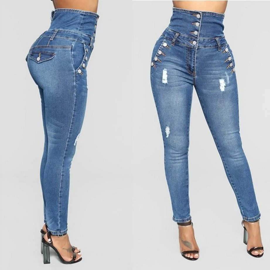 

Новинка женские джинсы стрейч с дырками женские джинсы с высокой талией на пуговицах женские брюки облегающие эластичные синие узкие брюки-карандаш