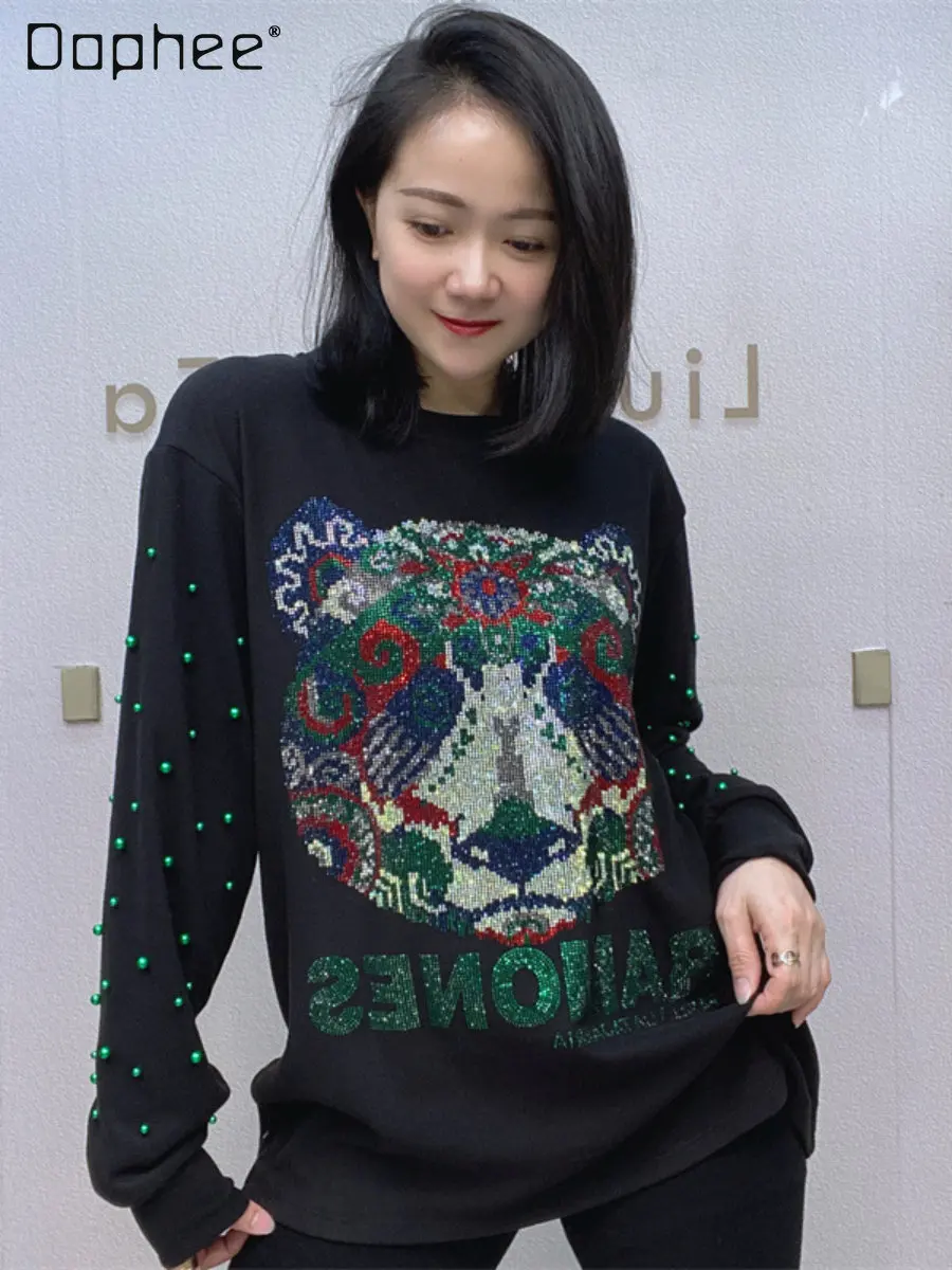 

Autumn and Winter Velvet Bottoming Shirt Women Fashion Brand Cartoon Rhinestone Round Neck Long Sleeve Black Mid-Length T-shirt