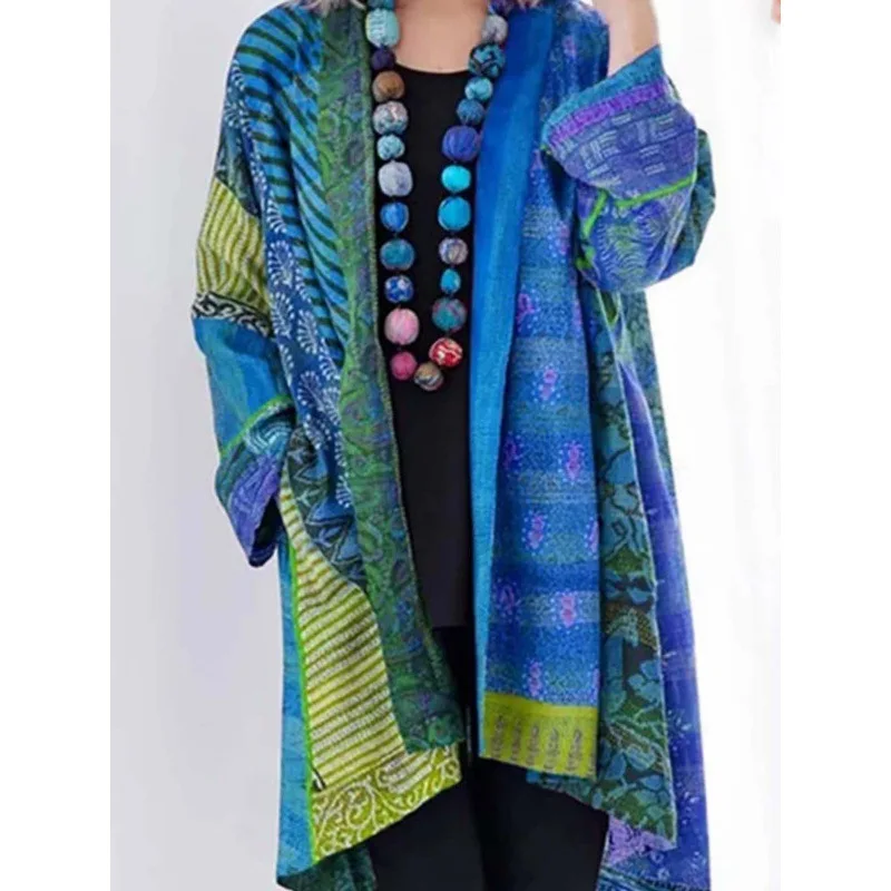 

Women Retro Long Cardigan Casual Kimono Autumn winter long sleeve loose open front linen patchwork print cape 2023 vintage cloak